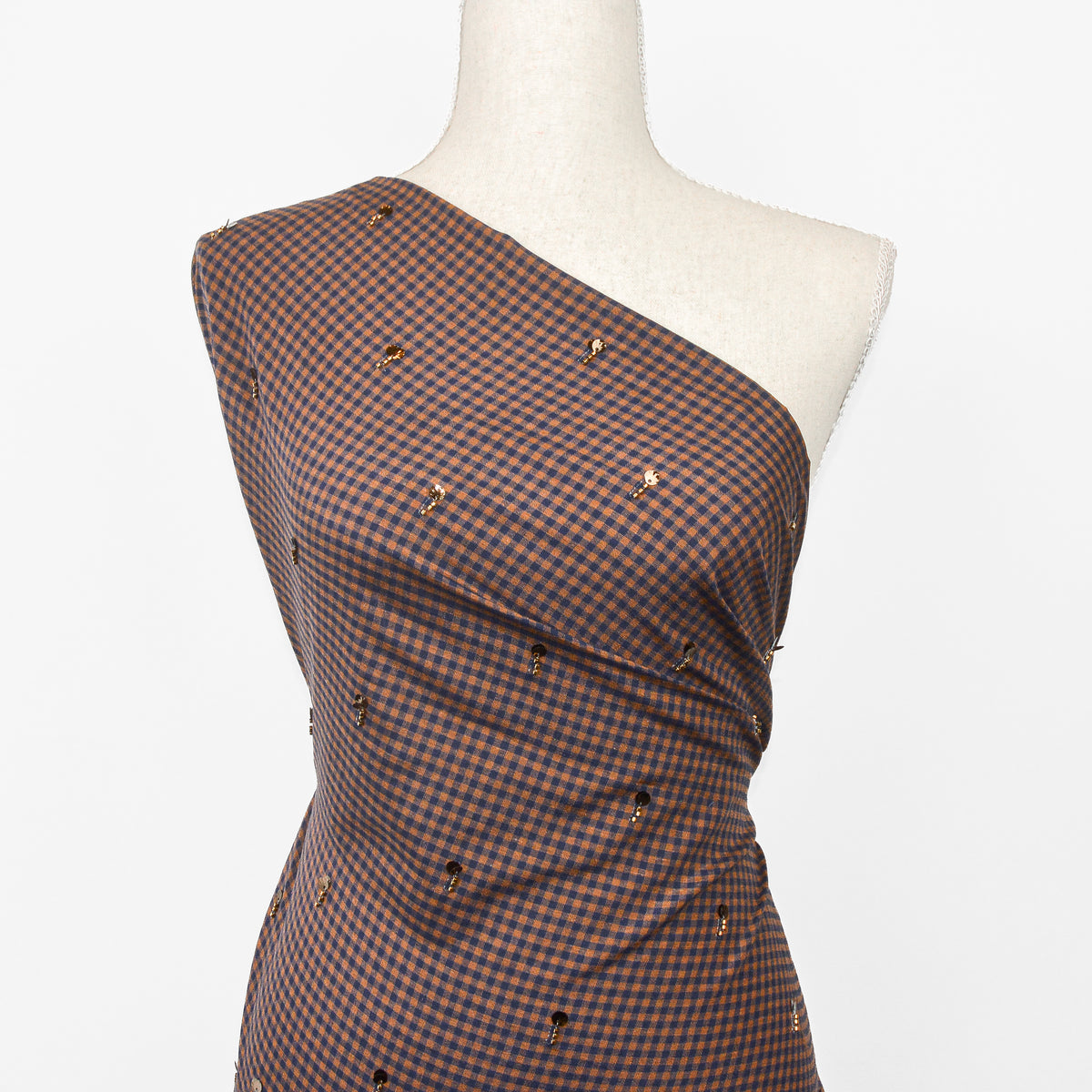 Wheat Gingham Embroidered Cotton Linen Blend