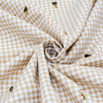 Wheat Gingham Embroidered Cotton Linen Blend