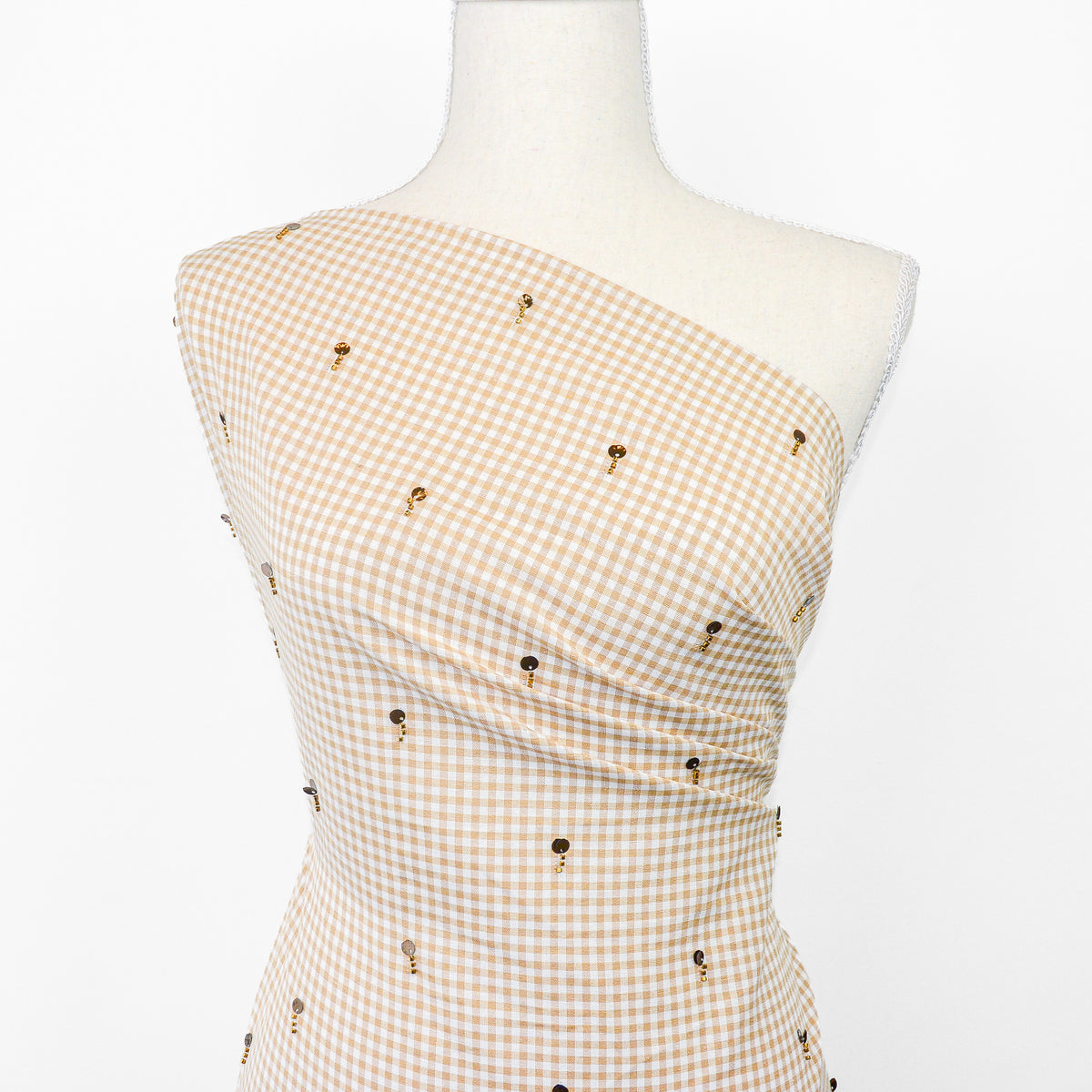 Wheat Gingham Embroidered Cotton Linen Blend