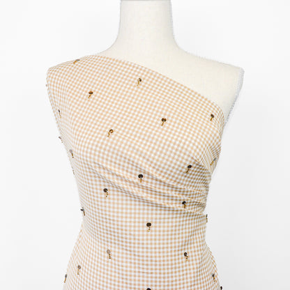 Wheat Gingham Embroidered Cotton Linen Blend